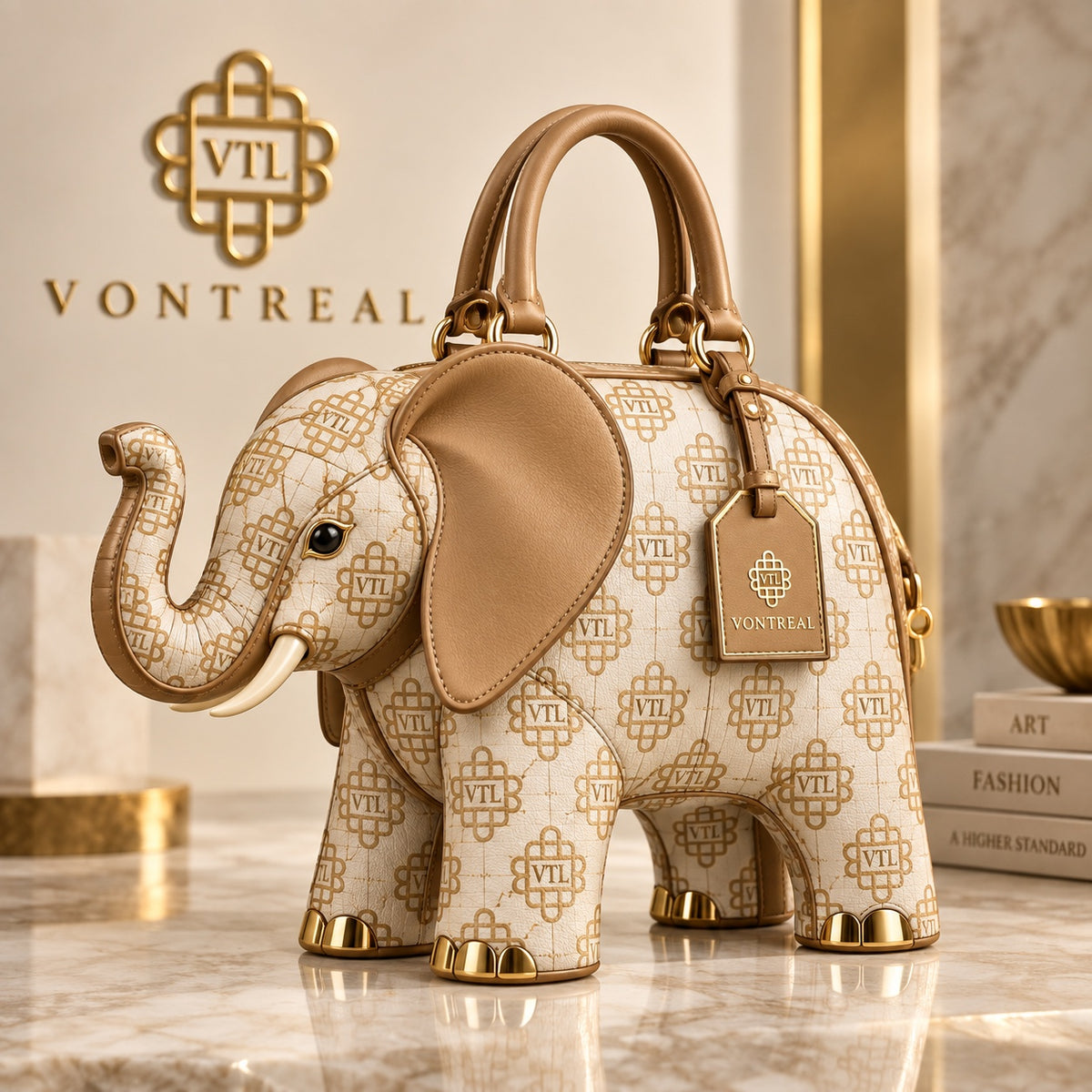 VONTREAL ivory and tan elephant-shaped monogram handbag