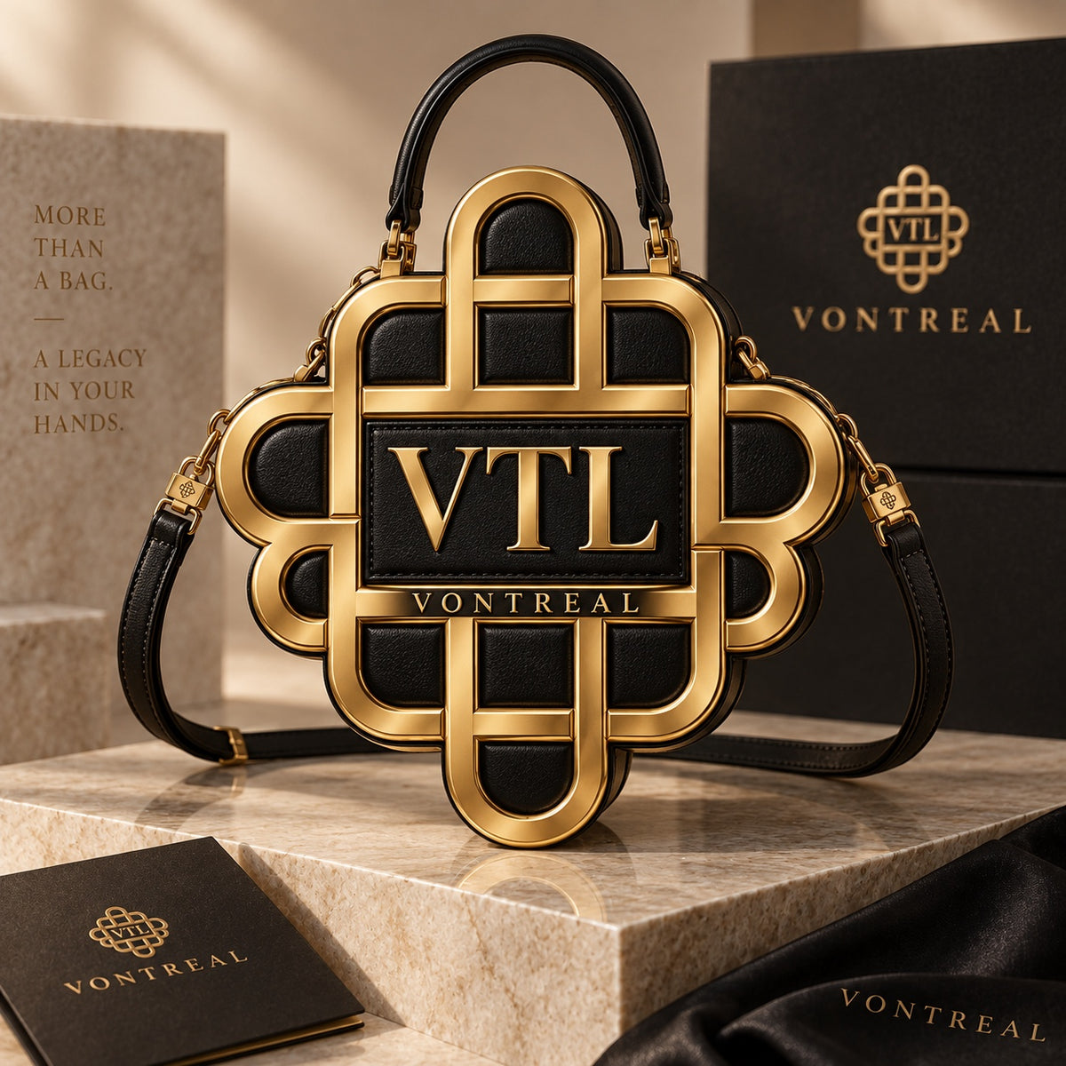 VONTREAL black leather and gold VTL emblem handbag