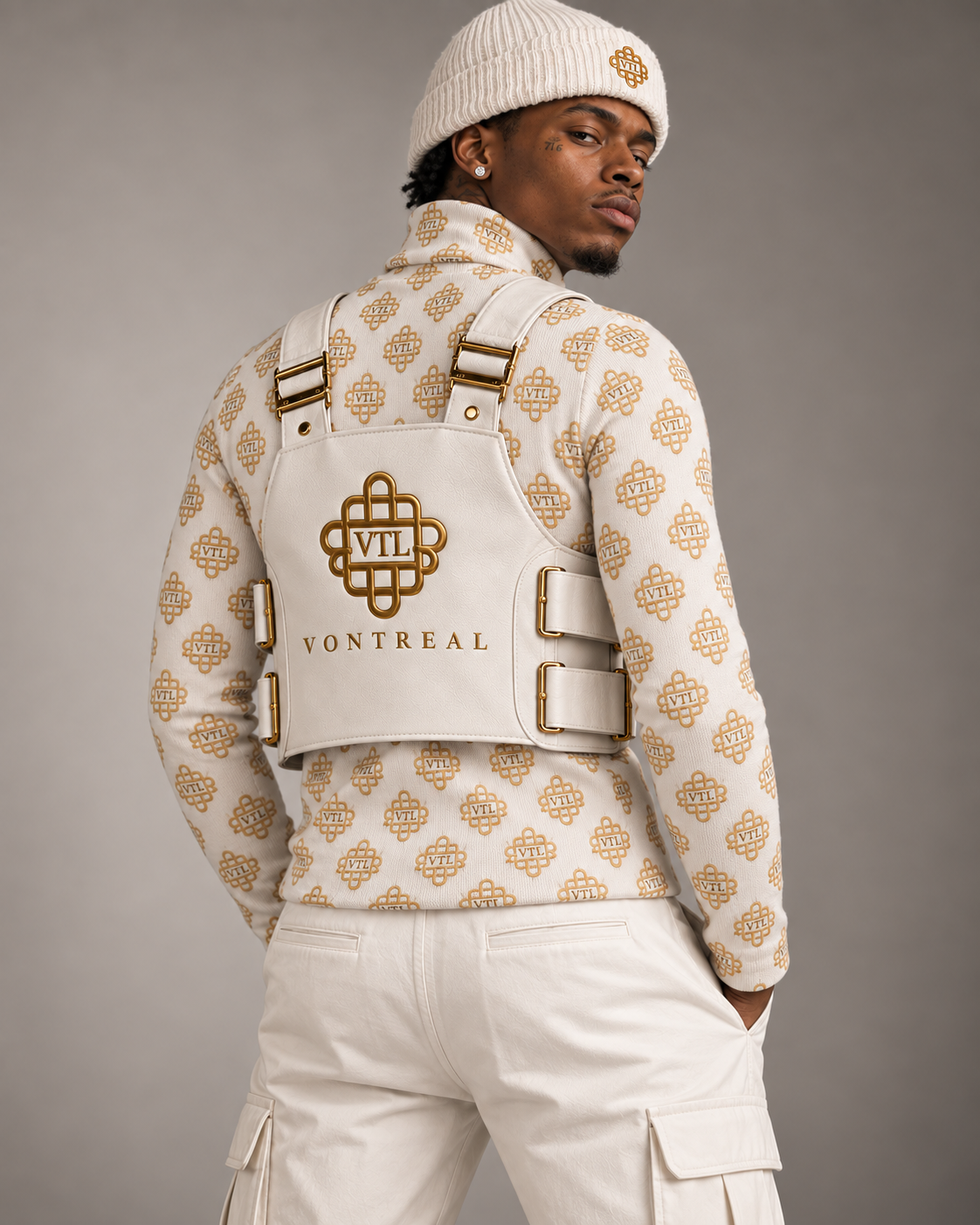 Vontreal luxury white leather harness vest on model, back view