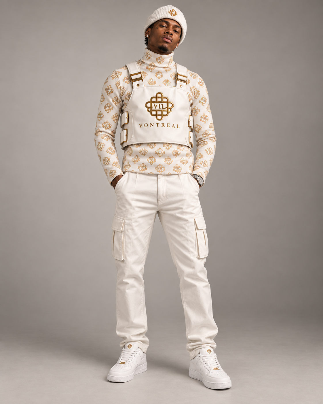 Vontreal luxury white leather harness vest full outfit studio look