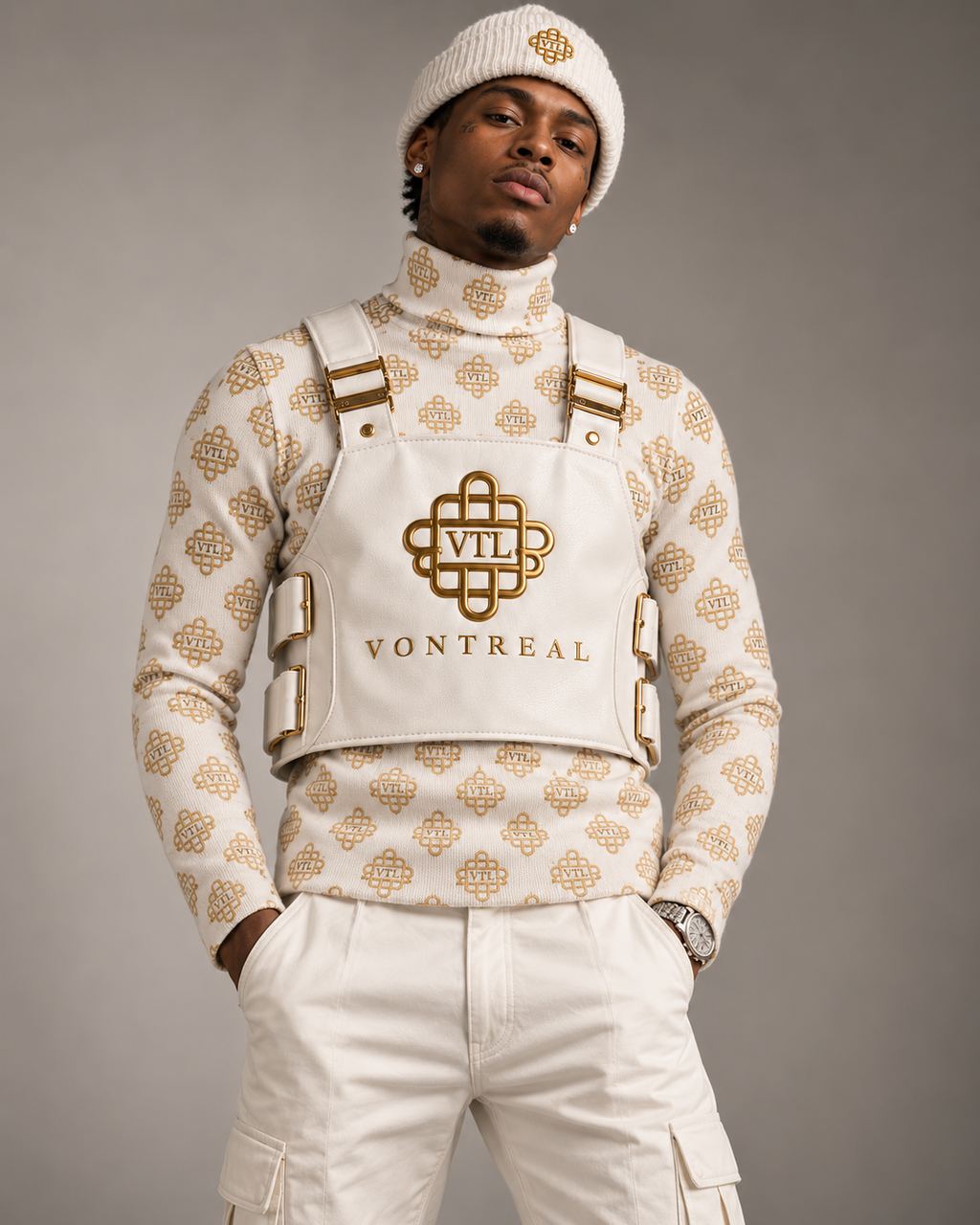 Vontreal luxury white leather harness vest styled on model, front view