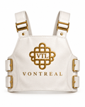 Vontreal ivory white leather harness vest product front with gold logo and hardware