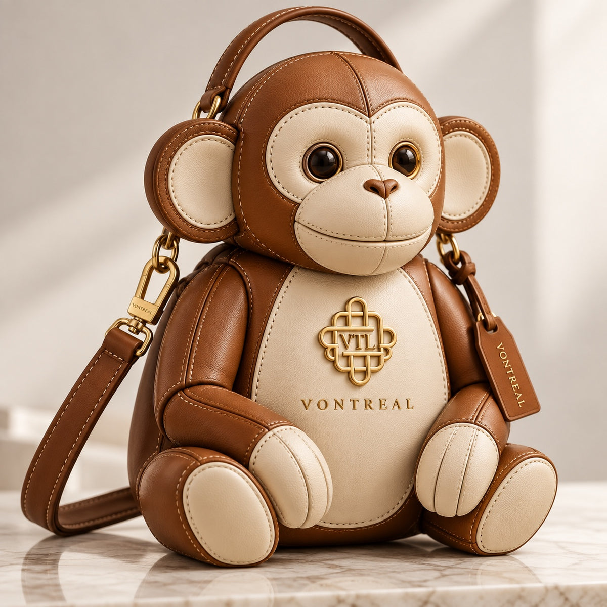 VONTREAL brown and cream monkey-shaped leather handbag