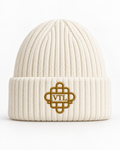 Ivory Vontreal ribbed knit beanie with centered gold VTL monogram