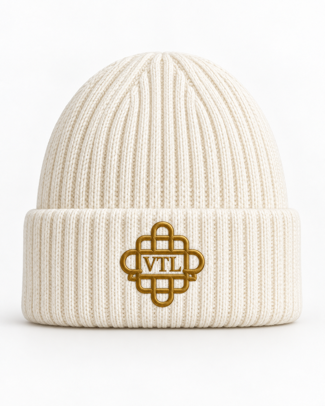 Ivory Vontreal ribbed knit beanie with centered gold VTL monogram