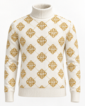 White Vontreal VTL monogram turtleneck sweater with repeating gold monogram pattern