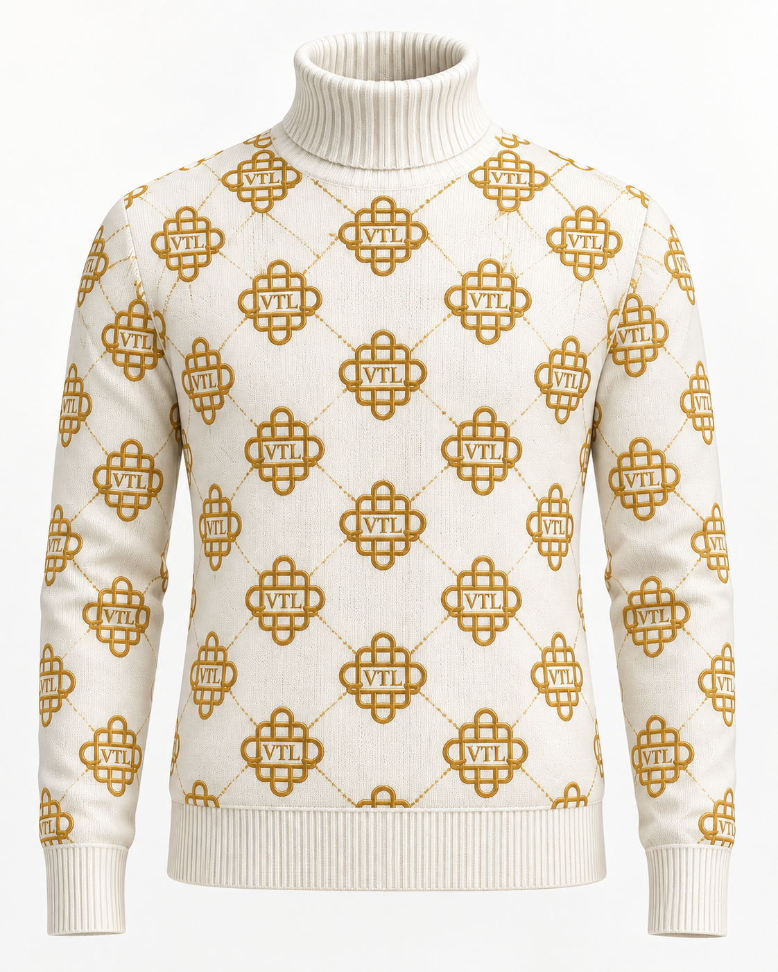 White Vontreal VTL monogram turtleneck sweater with repeating gold monogram pattern